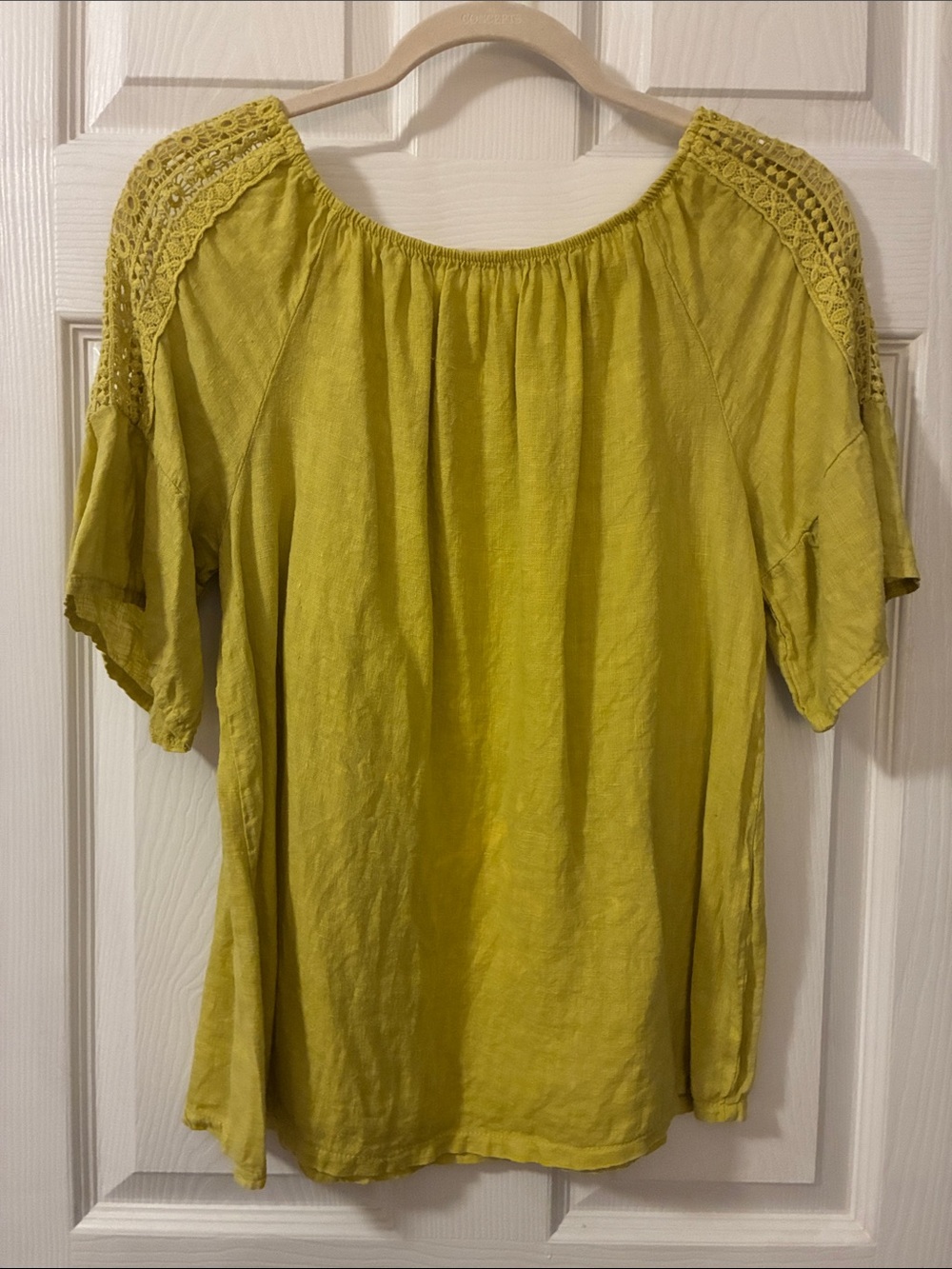 Linen-Blend Yellow Crochet Shoulder Peasant Tunic